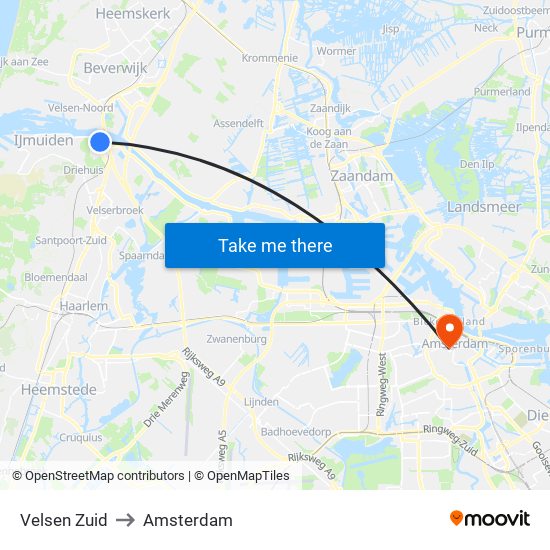 Velsen Zuid to Amsterdam map