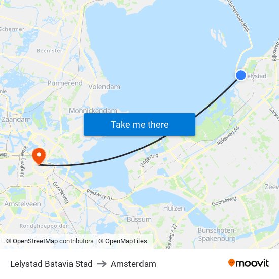 Lelystad Batavia Stad to Amsterdam map