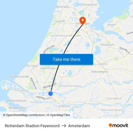Rotterdam Stadion Feyenoord to Amsterdam map