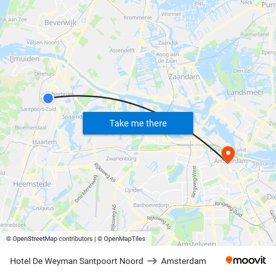 Hotel De Weyman Santpoort Noord to Amsterdam map