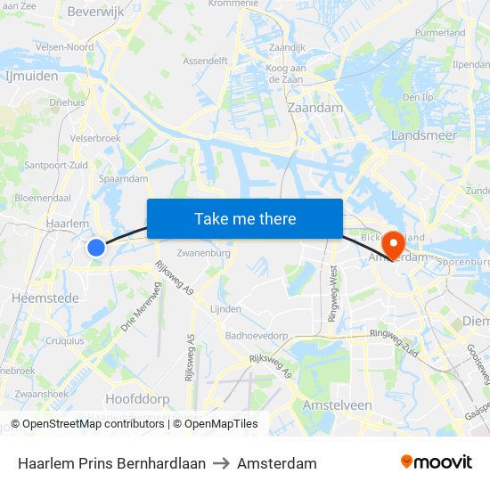 Haarlem Prins Bernhardlaan to Amsterdam map