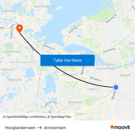 Hooglanderveen to Amsterdam map