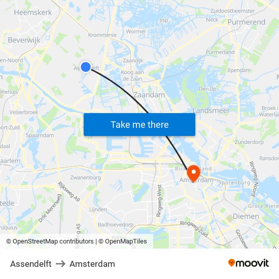 Assendelft to Amsterdam map