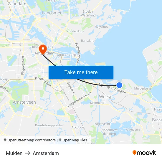 Muiden to Amsterdam map