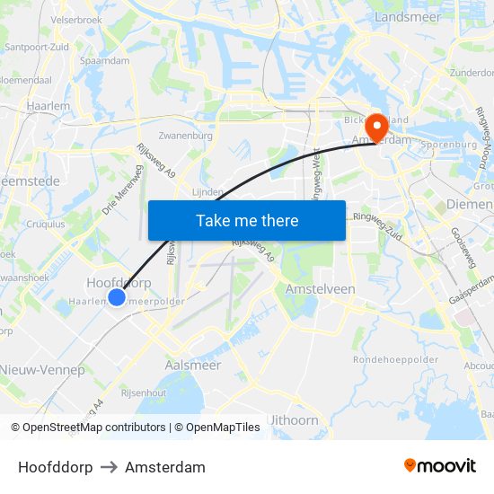 Hoofddorp to Amsterdam map