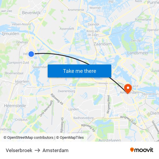 Velserbroek to Amsterdam map