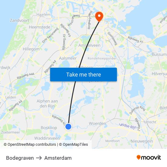 Bodegraven to Amsterdam map