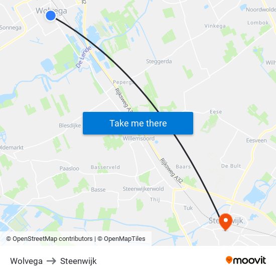 Wolvega to Steenwijk map