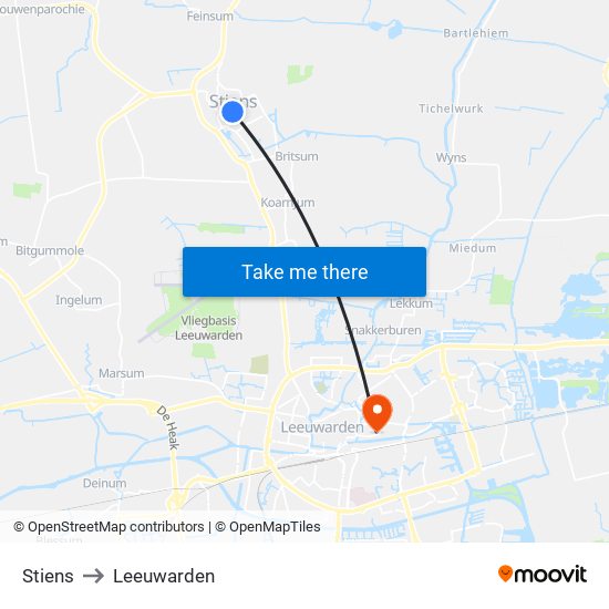 Stiens to Leeuwarden map