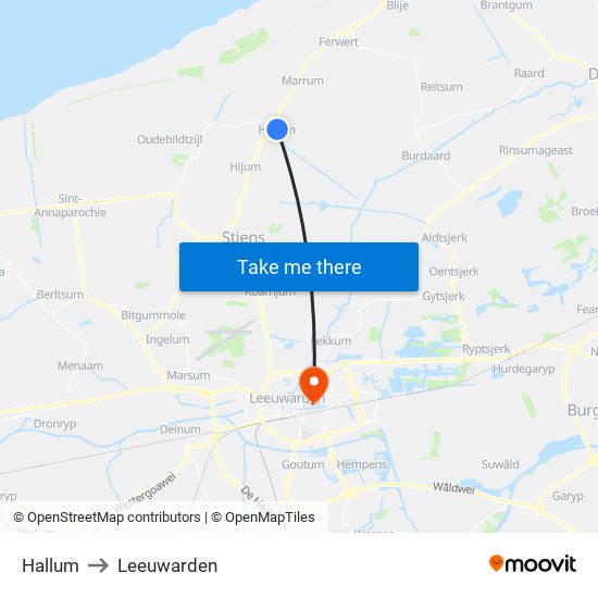 Hallum to Leeuwarden map