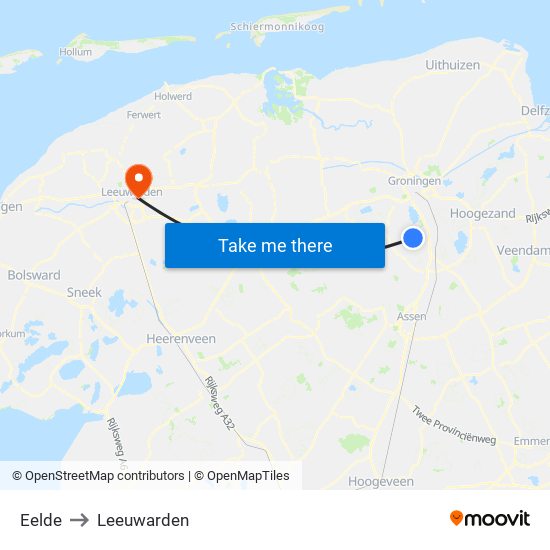 Eelde to Leeuwarden map