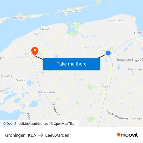 Groningen IKEA to Leeuwarden map