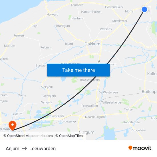 Anjum to Leeuwarden map