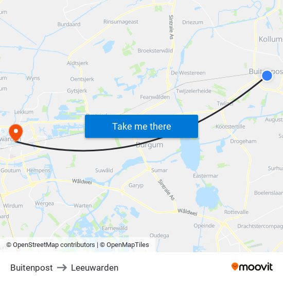 Buitenpost to Leeuwarden map