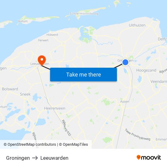 Groningen to Leeuwarden map