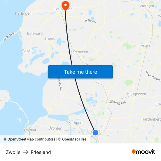 Zwolle to Friesland map