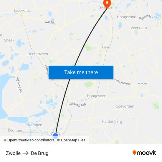 Zwolle to De Brug map