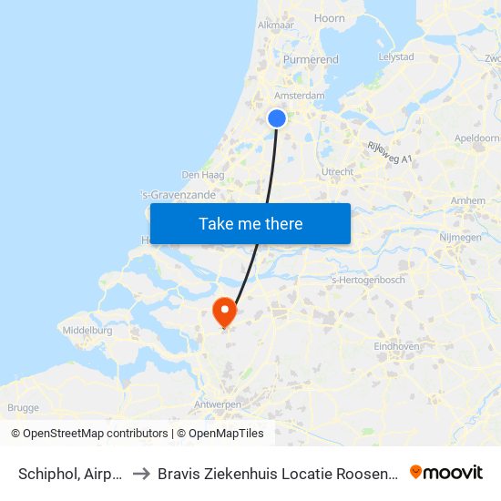 Schiphol, Airport to Bravis Ziekenhuis Locatie Roosendaal map