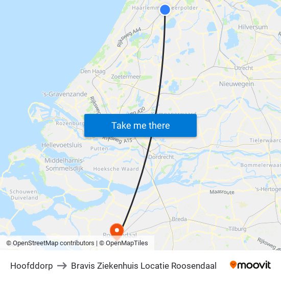 Hoofddorp to Bravis Ziekenhuis Locatie Roosendaal map