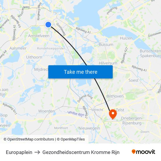 Europaplein to Gezondheidscentrum Kromme Rijn map
