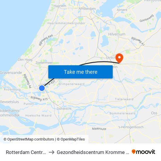 Rotterdam Centraal to Gezondheidscentrum Kromme Rijn map