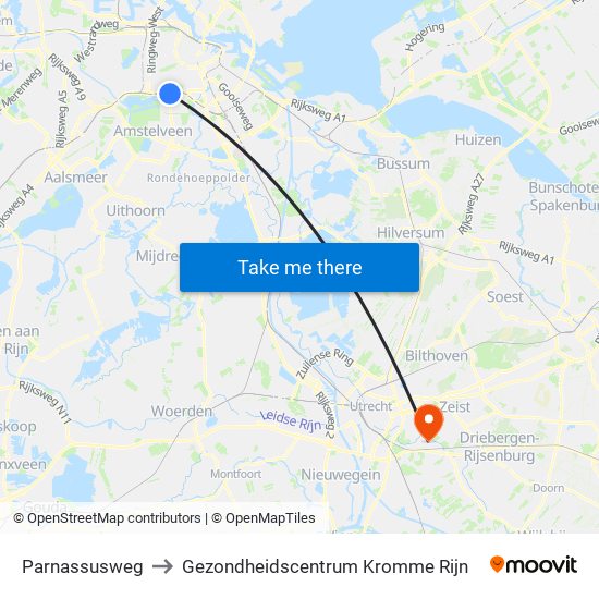 Parnassusweg to Gezondheidscentrum Kromme Rijn map