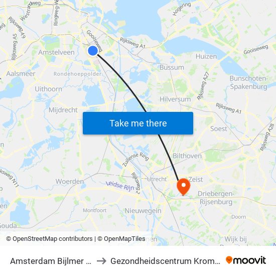 Amsterdam Bijlmer Arena to Gezondheidscentrum Kromme Rijn map