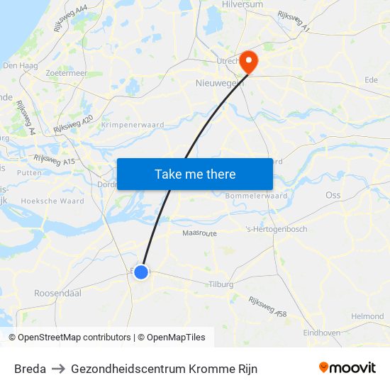 Breda to Gezondheidscentrum Kromme Rijn map