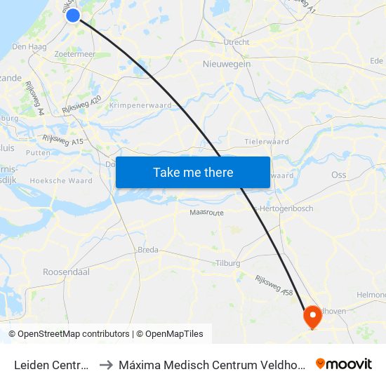 Leiden Centraal to Máxima Medisch Centrum Veldhoven map