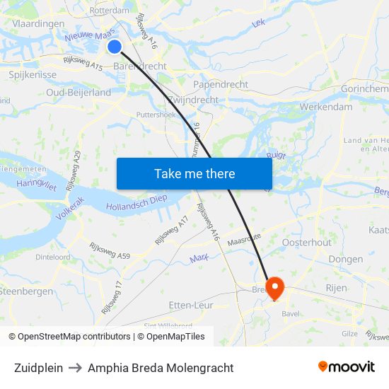 Zuidplein to Amphia Breda Molengracht map