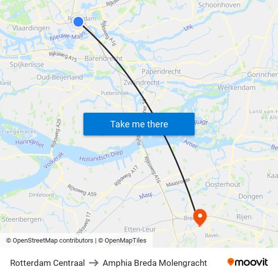 Rotterdam Centraal to Amphia Breda Molengracht map