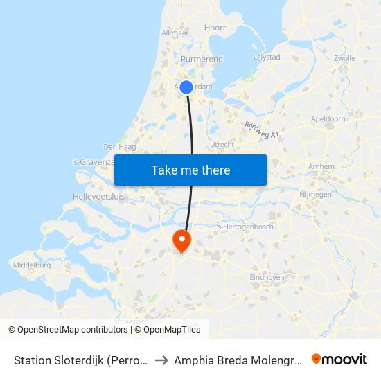 Station Sloterdijk (Perron N) to Amphia Breda Molengracht map