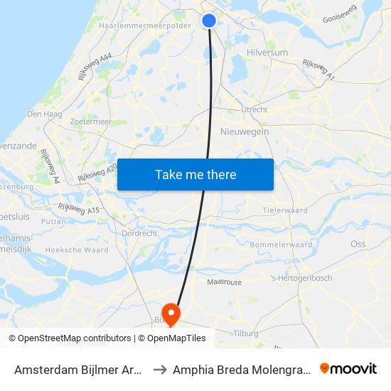 Amsterdam Bijlmer Arena to Amphia Breda Molengracht map