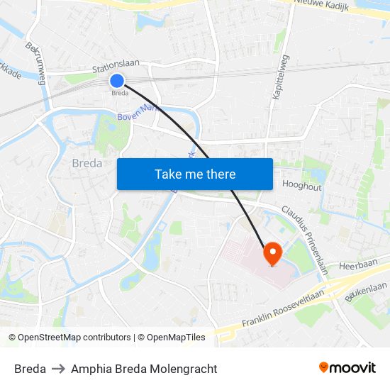 Breda to Amphia Breda Molengracht map