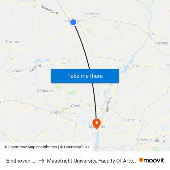 Eindhoven Centraal to Maastricht University, Faculty Of Arts And Social Sciences map