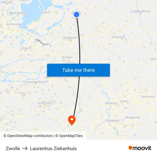 Zwolle to Laurentius Ziekenhuis map