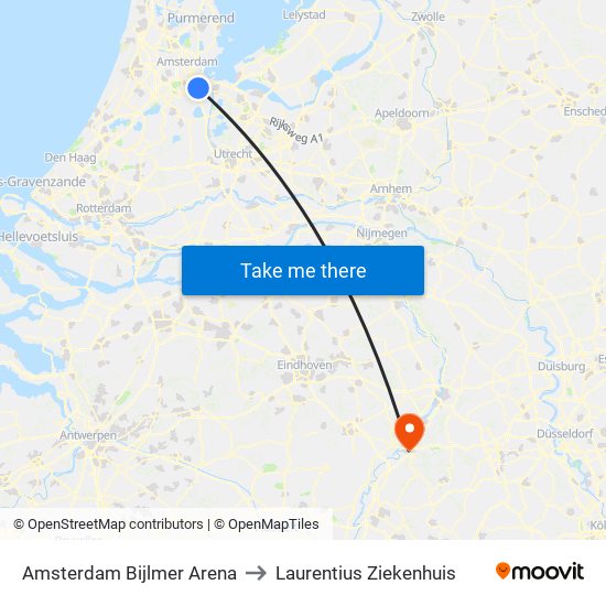 Amsterdam Bijlmer Arena to Laurentius Ziekenhuis map