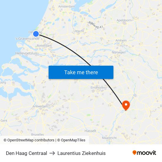 Den Haag Centraal to Laurentius Ziekenhuis map