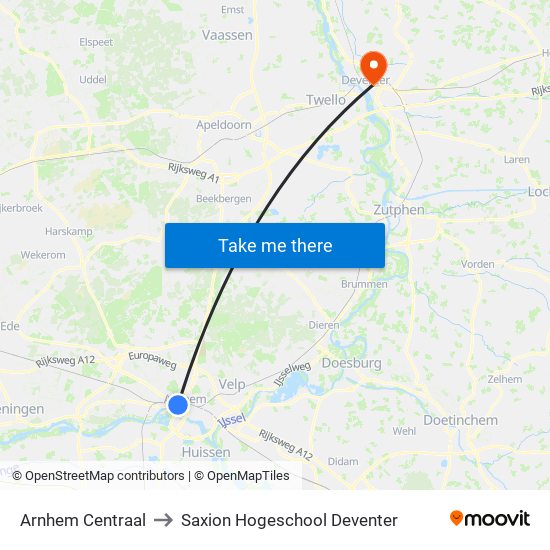 Arnhem Centraal to Saxion Hogeschool Deventer map