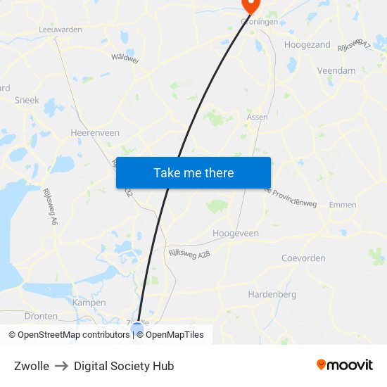 Zwolle to Digital Society Hub map