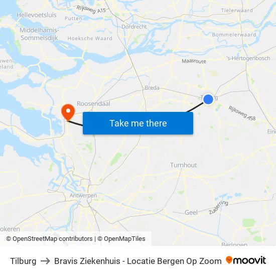 Tilburg to Bravis Ziekenhuis - Locatie Bergen Op Zoom map