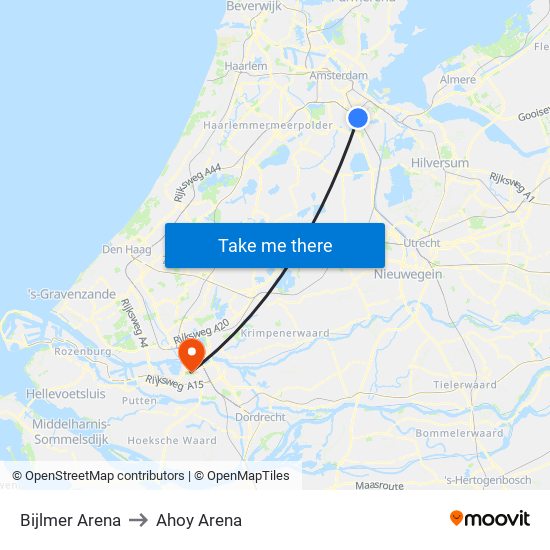 Bijlmer Arena to Ahoy Arena map