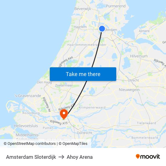Amsterdam Sloterdijk to Ahoy Arena map