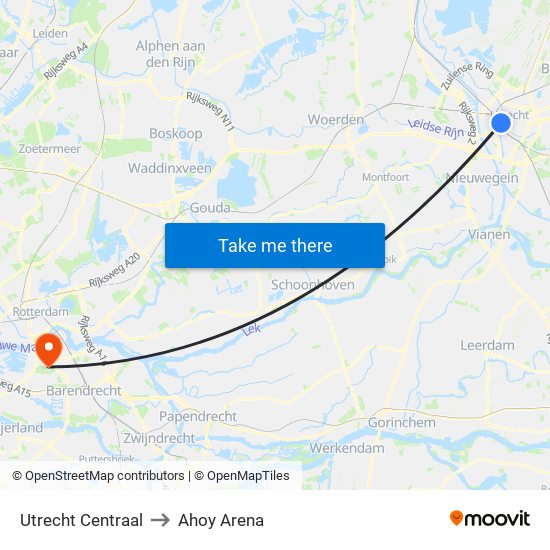 Utrecht Centraal to Ahoy Arena map