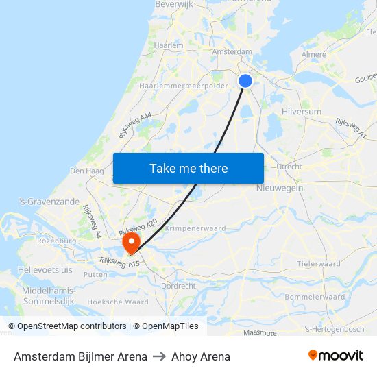 Amsterdam Bijlmer Arena to Ahoy Arena map