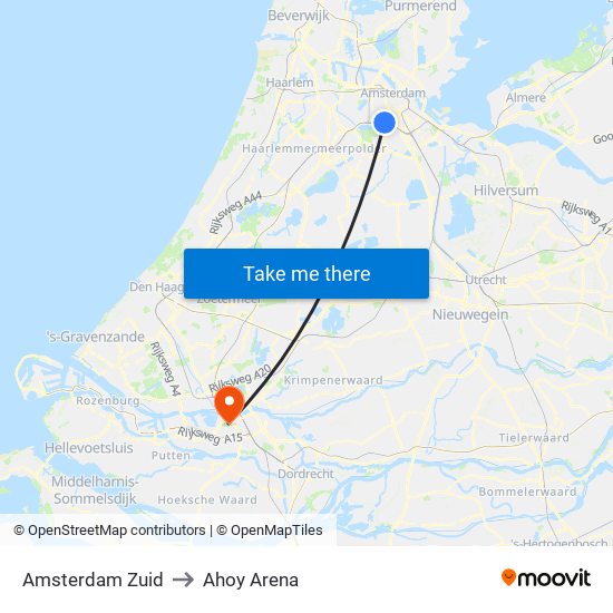 Amsterdam Zuid to Ahoy Arena map