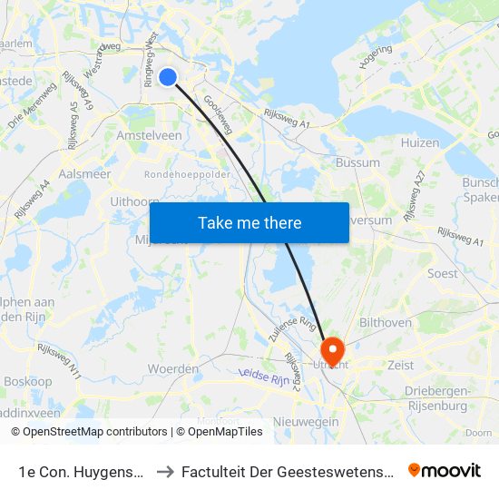 1e Con. Huygensstraat to Factulteit Der Geesteswetenschappen map