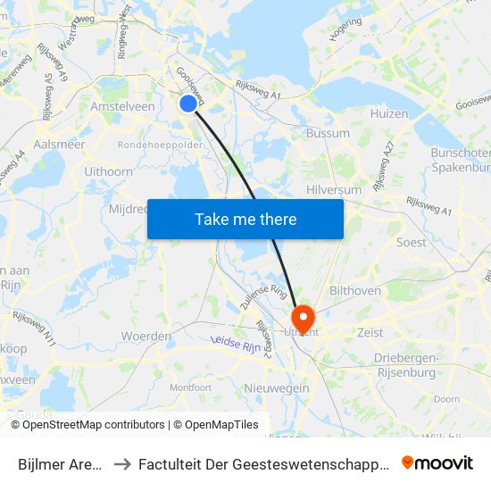 Bijlmer Arena to Factulteit Der Geesteswetenschappen map