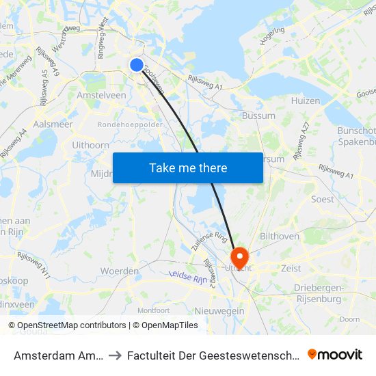 Amsterdam Amstel to Factulteit Der Geesteswetenschappen map