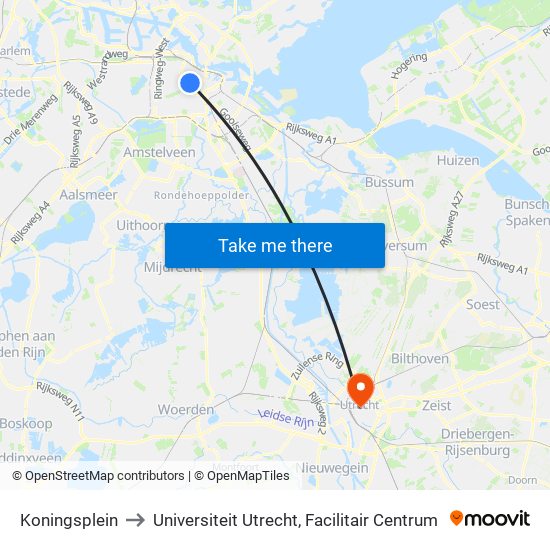 Koningsplein to Universiteit Utrecht, Facilitair Centrum map